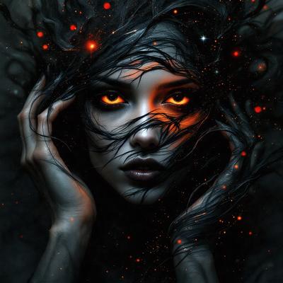 The primary subject of the image is a woman with long hair and a black dress. She has a mysterious and enchanting appearance, with her eyes glowing red. The setting is a dark, possibly magical, environment, with a backdrop of stars. The visual style is a digital art or illustration, creating a surreal and captivating atmosphere. The colors and mood are predominantly dark and mysterious, with the red glow of the woman's eyes adding a touch of intrigue to the scene